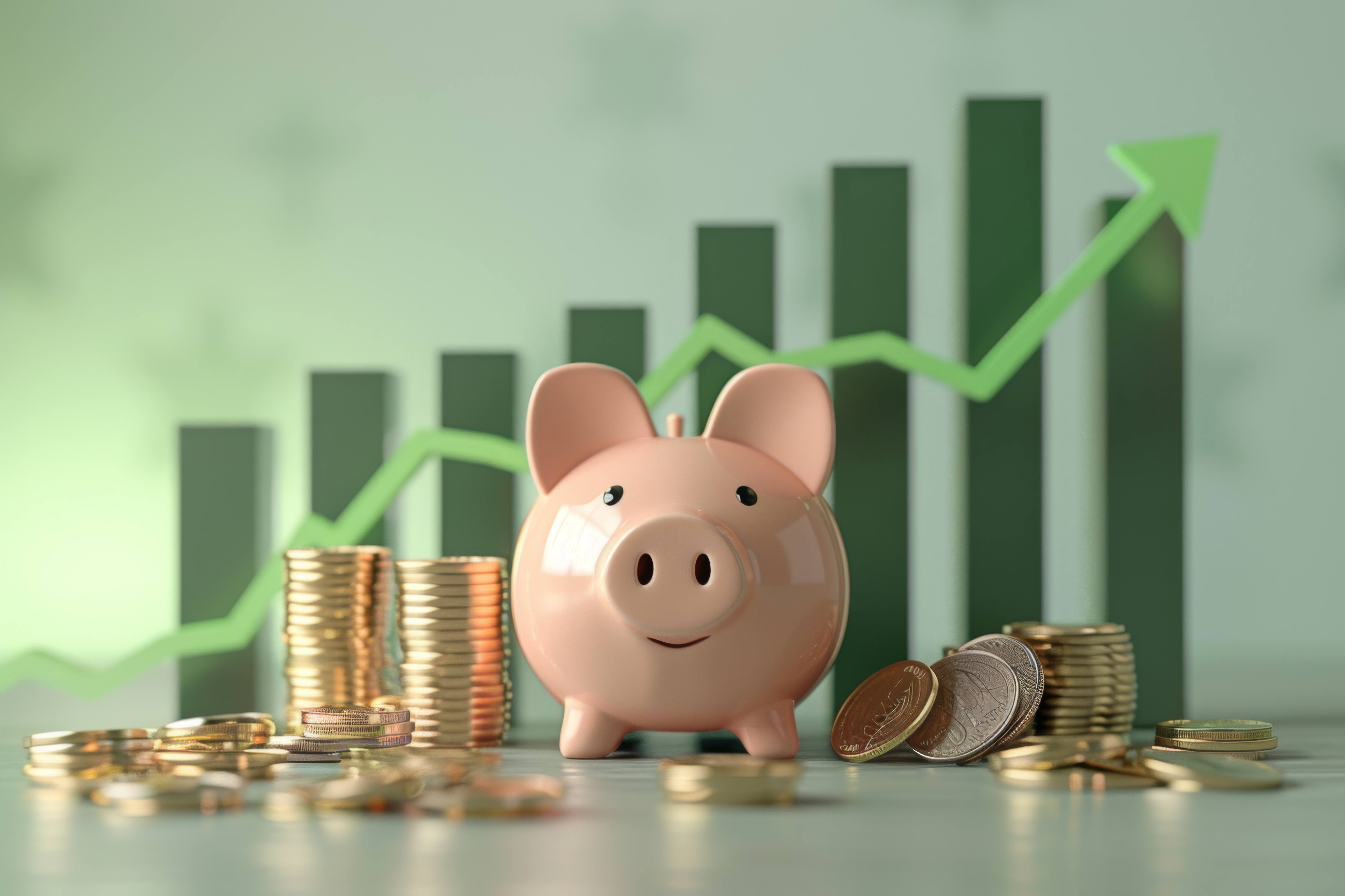 Piggy bank full of coins, Growth text in background, upward green financial graph, flat design, front view, growth theme, 3D render, Complementary Color Scheme Piggy bank with stacks of coins in front of graph representing financial growth, savings, investment, and economic progress.